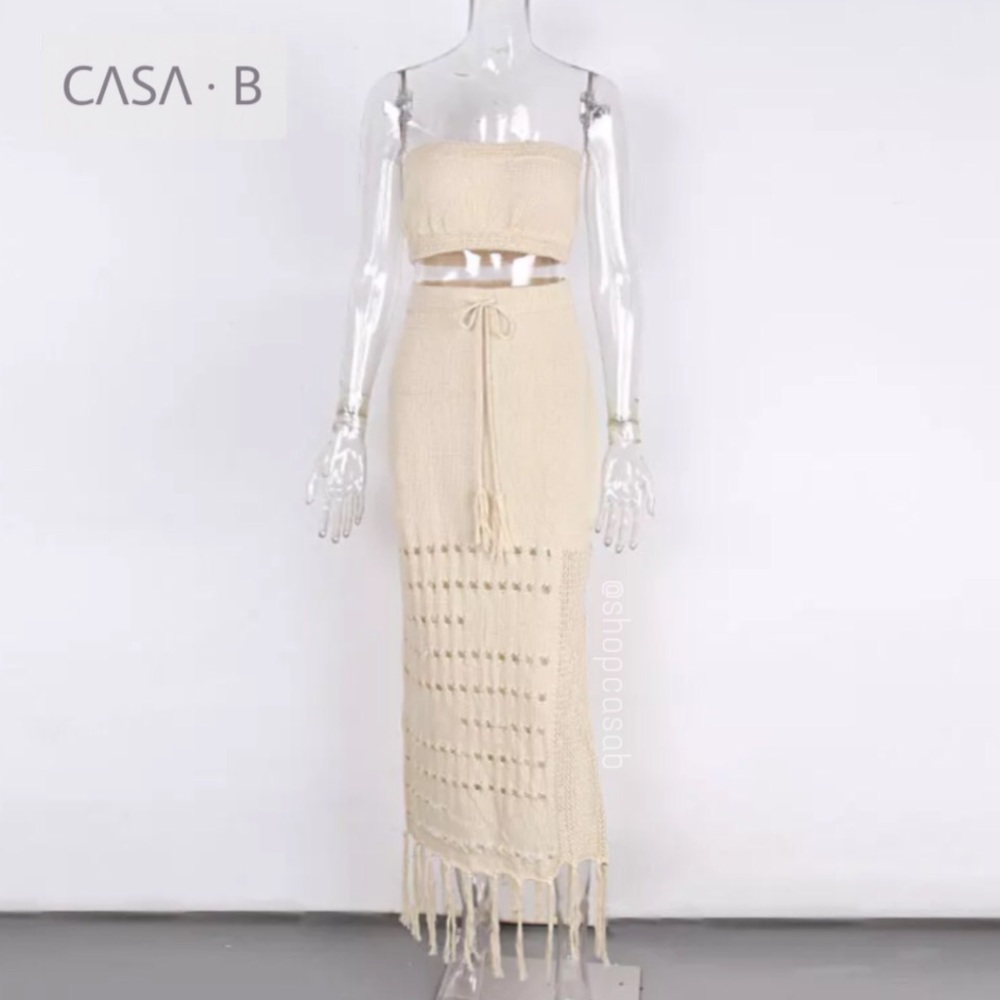 NEW 💫CASA B | ST. LUCIA Midi Knit Fringe Skirt Set in Sand - Picture 6 of 11
